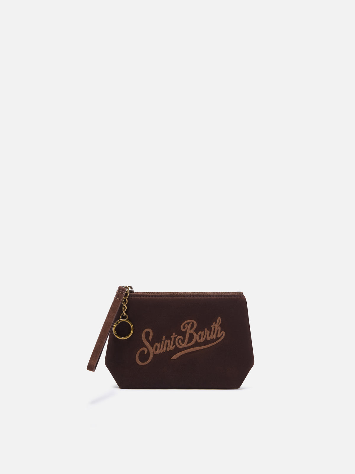 Braune Mini Aline aus gewachstem pouch mit Logostickerei 