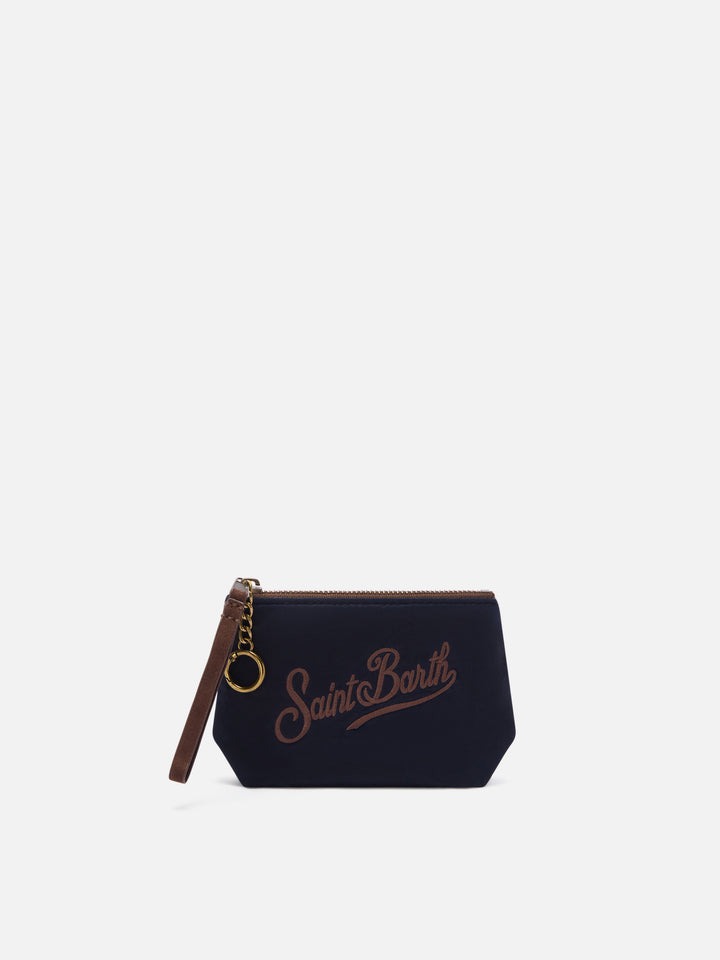 Pochette Mini Aline blu navy in tessuto cerato con ricamo logo