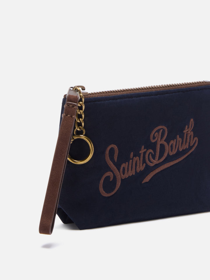 Pochette Mini Aline blu navy in tessuto cerato con ricamo logo