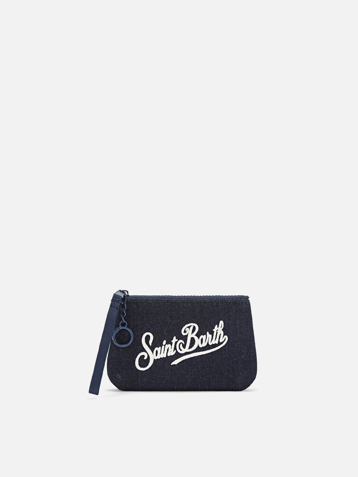 Blue Mini Aline en denim pouch con bordado del logo 