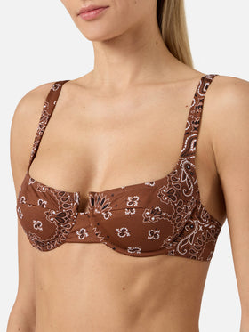 Amira balconette bikini top with brown bandana print