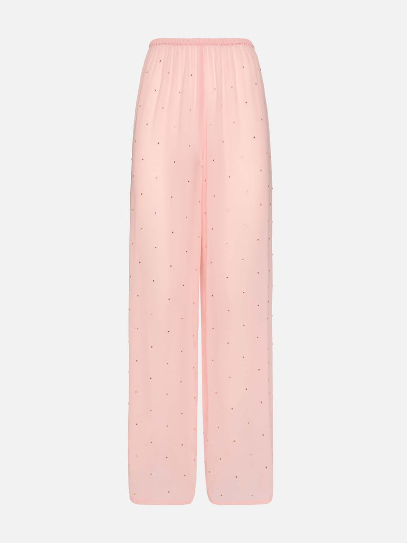 Amalia pink wide-leg georgette trousers with rhinestone embellishment