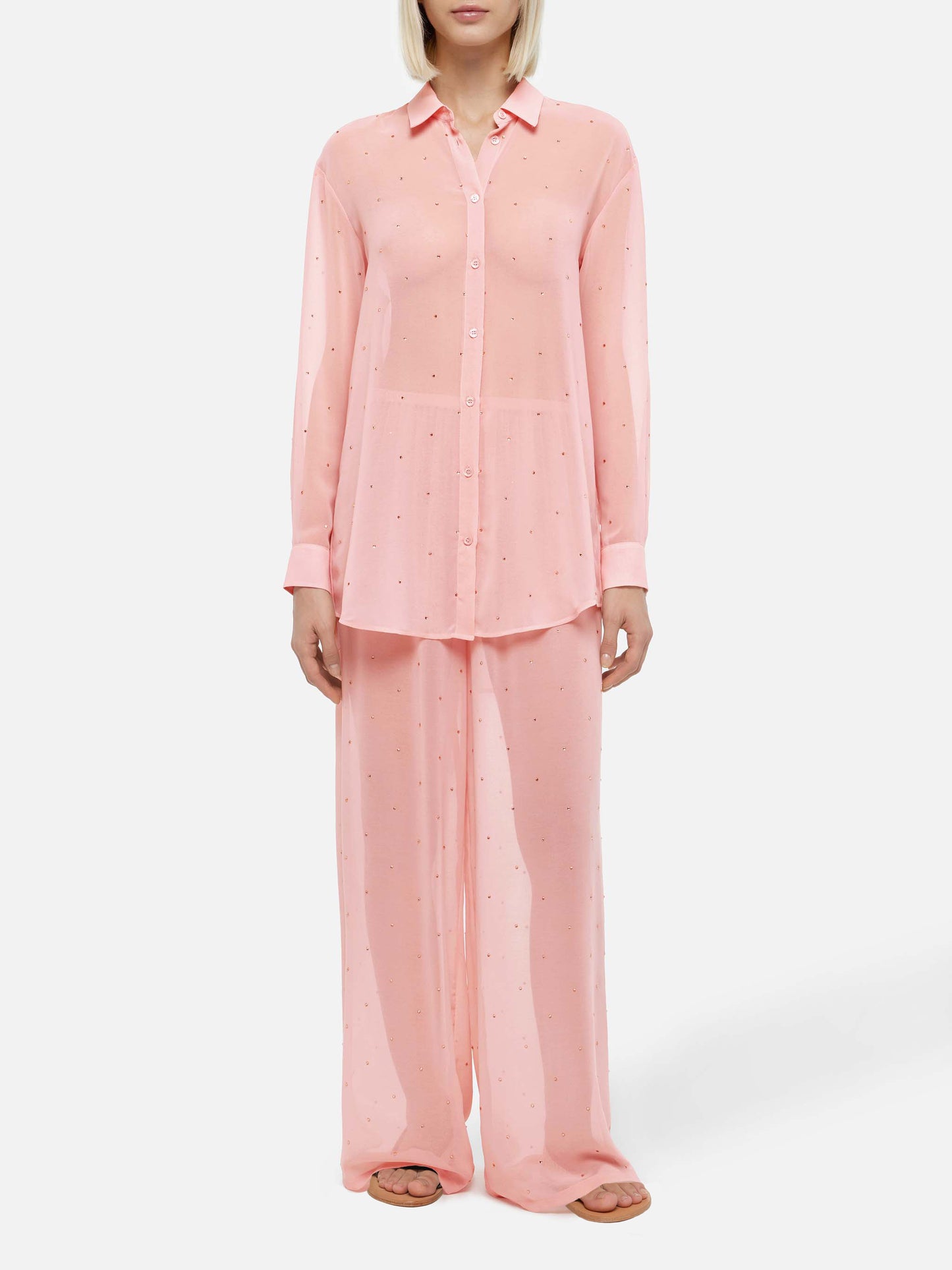 Amalia pink wide-leg georgette trousers with rhinestone embellishment - MC2 Saint Barth