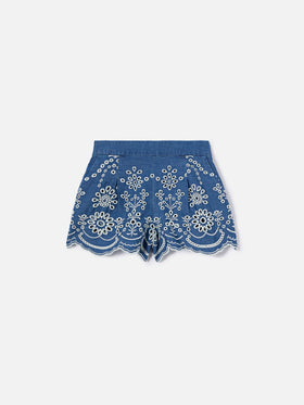 Short Amani Jr in chambray effetto denim con ricamo sangallo