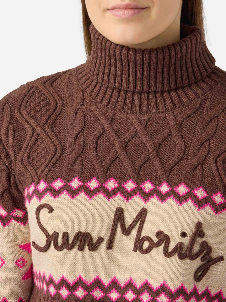 Maglione da donna mezzo dolcevita con scritta Sun Moritz