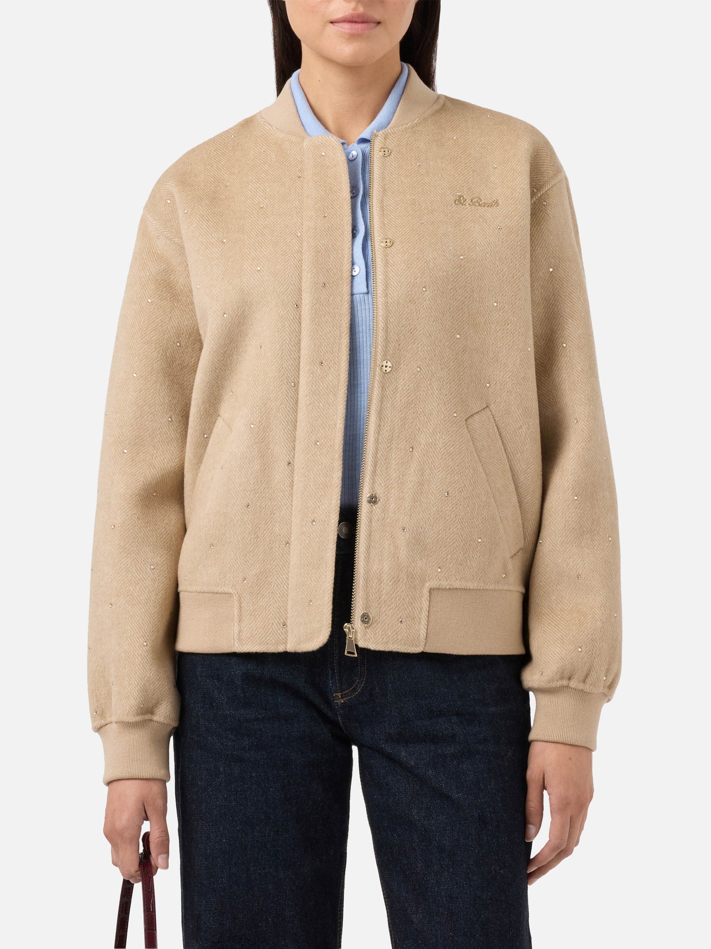 Adrien double-face herringbone bomber with rhinestones