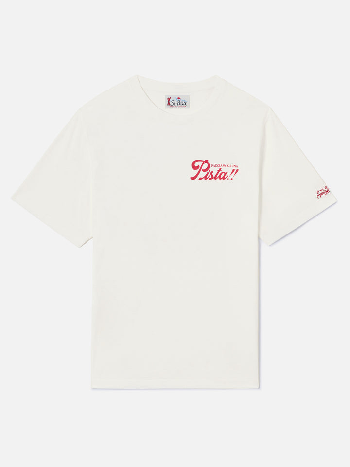Camiseta de algodón cálido blanca Arnott con estampado Facciamoci Una Pista en la espalda 