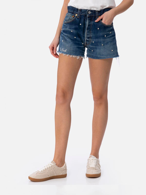 Damen Upcycling Jeansshorts Arizona mit Strasssteinen