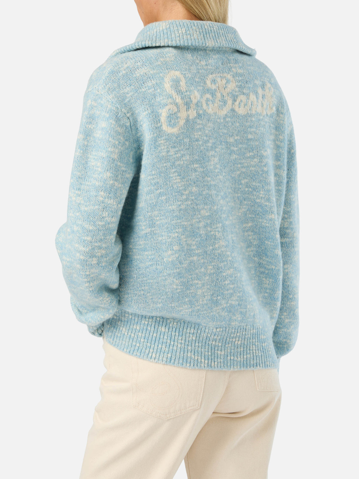 Leichter blue Augustine Wollstrickpullover mit Half-Zip und Logostickerei 