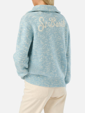 Leichter blue Augustine Wollstrickpullover mit Half-Zip und Logostickerei 
