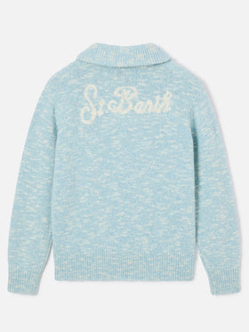 Leichter blue Augustine Wollstrickpullover mit Half-Zip und Logostickerei 