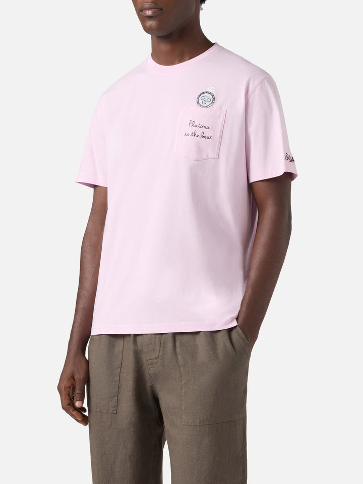 Pink Austin t-shirt with watch and Platona Is The Best embroidery