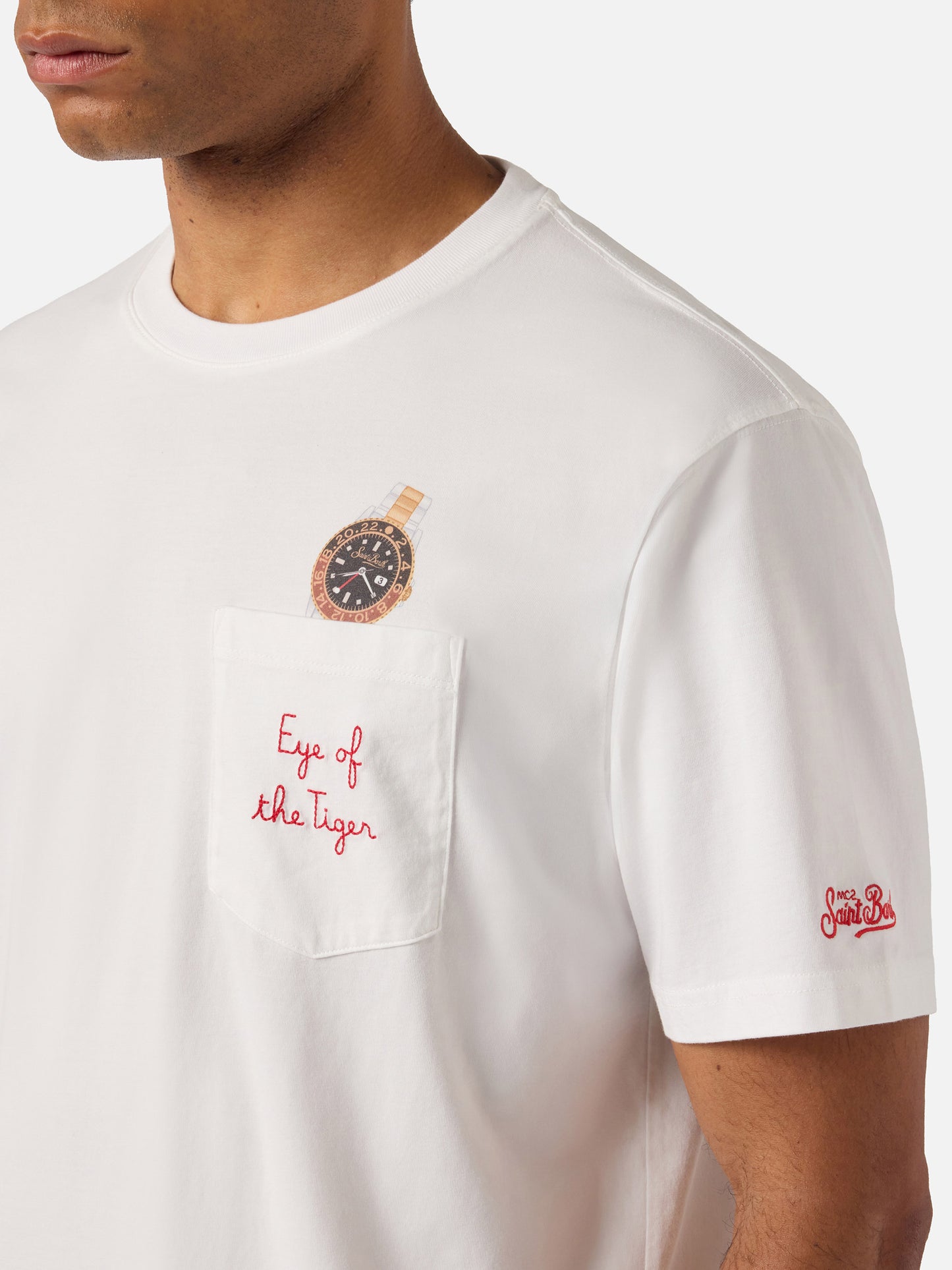 T-shirt Austin bianca con orologio e ricamo Eye Of The Tiger