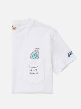 Weißes Austin T-Shirt mit Uhrenstickerei „Invest Don't Spend“ 