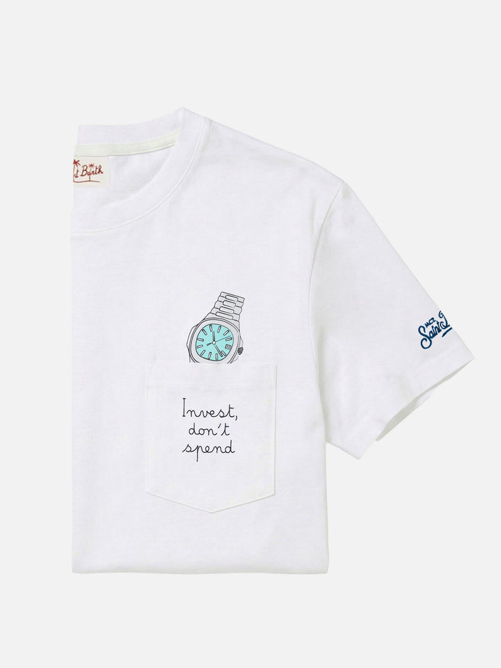 T-shirt Austin blanc avec broderie montre Invest Don't Spend 
