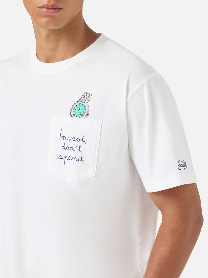 T-shirt Austin blanc avec broderie montre Invest Don't Spend 
