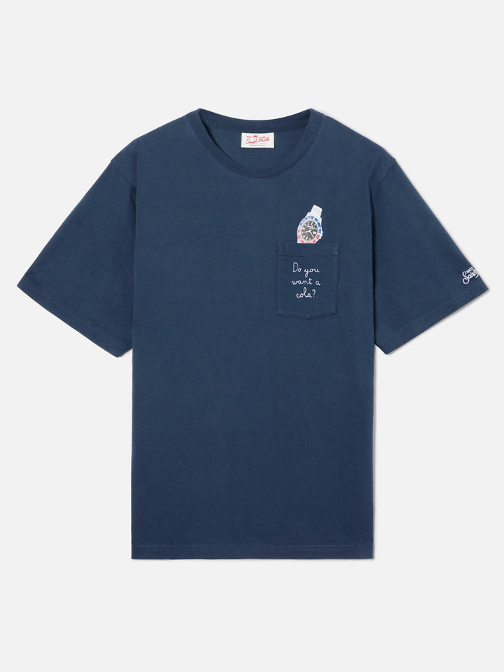T-shirt Austin blu con orologio e ricamo Do You Want A Cola?