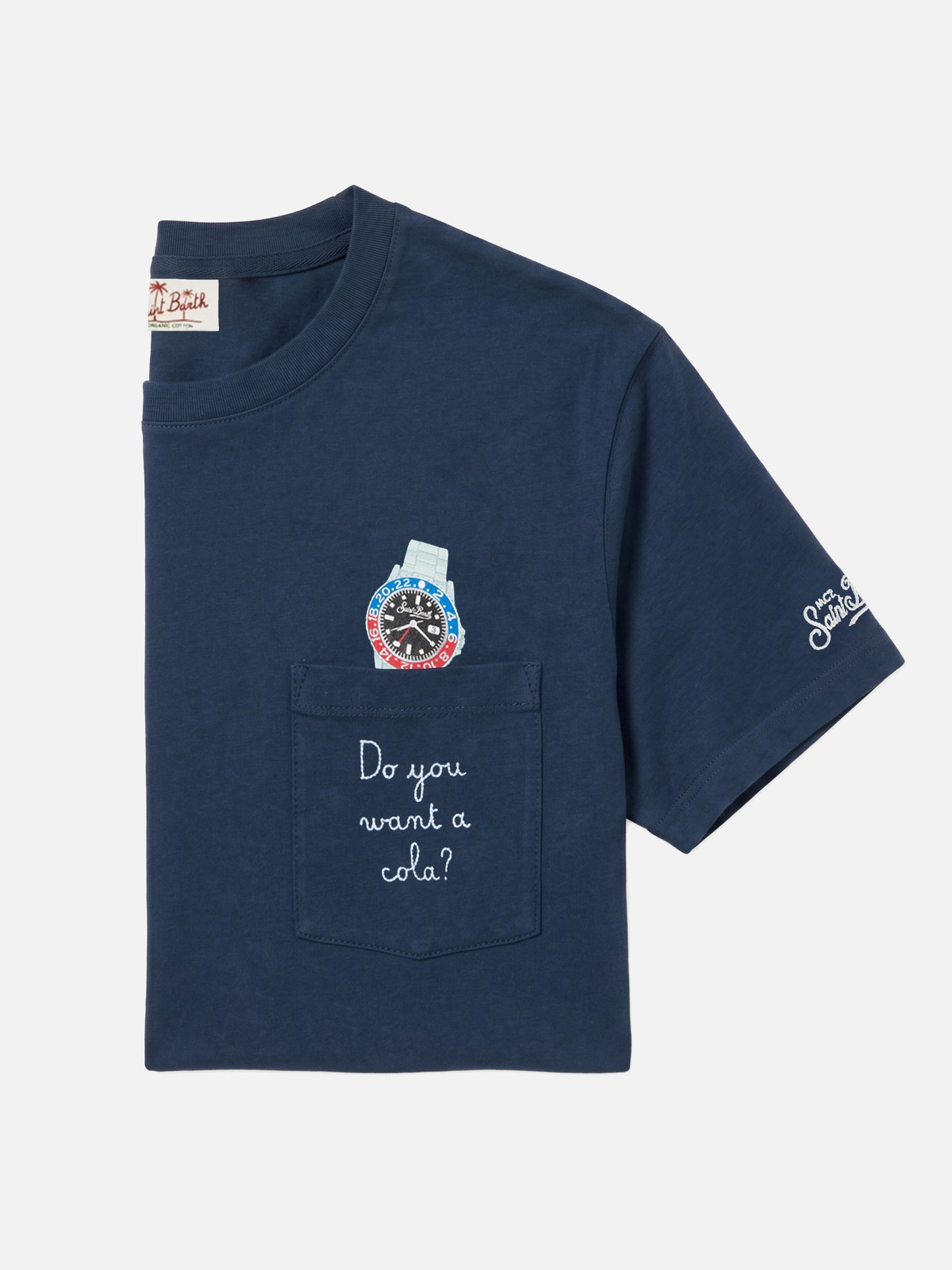 Blue Austin t-shirt with watch and Do You Want A Cola? embroidery