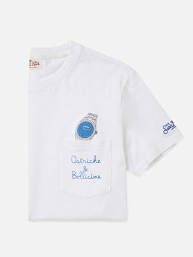 White Austin t-shirt with watch and Ostriche e Bollicine embroidery