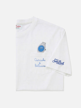 White Austin t-shirt with watch and Ostriche e Bollicine embroidery