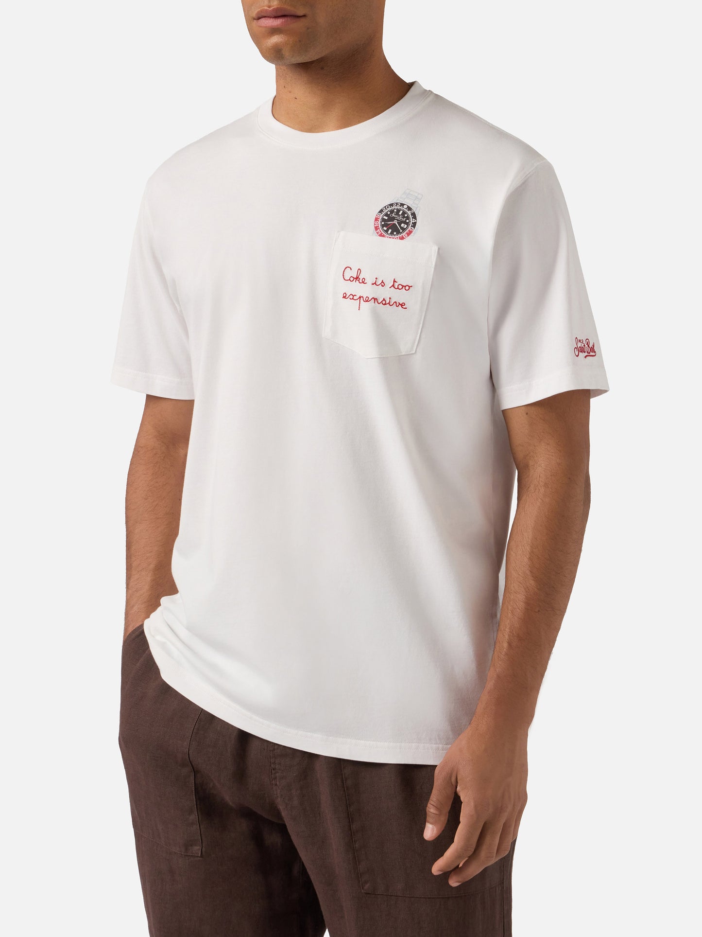 White Austin t-shirt with watch and Coke Is Too Expensive embroidery