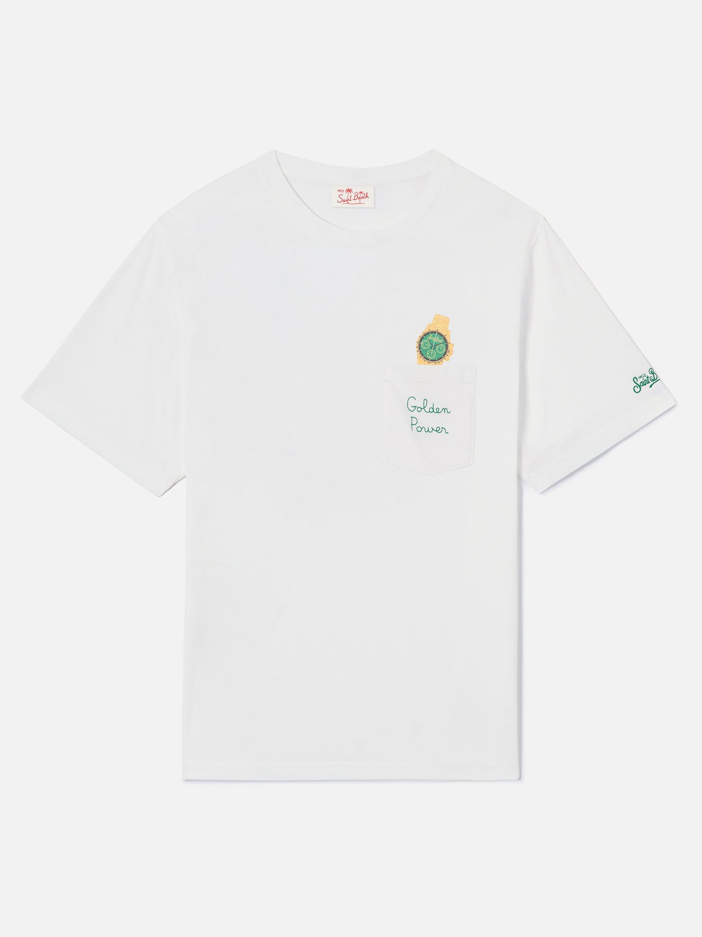 White Austin t-shirt with watch and Golden Power embroidery