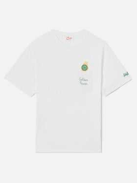 White Austin t-shirt with watch and Golden Power embroidery