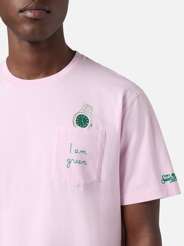 Pink Austin t-shirt with watch and I Am Green embroidery