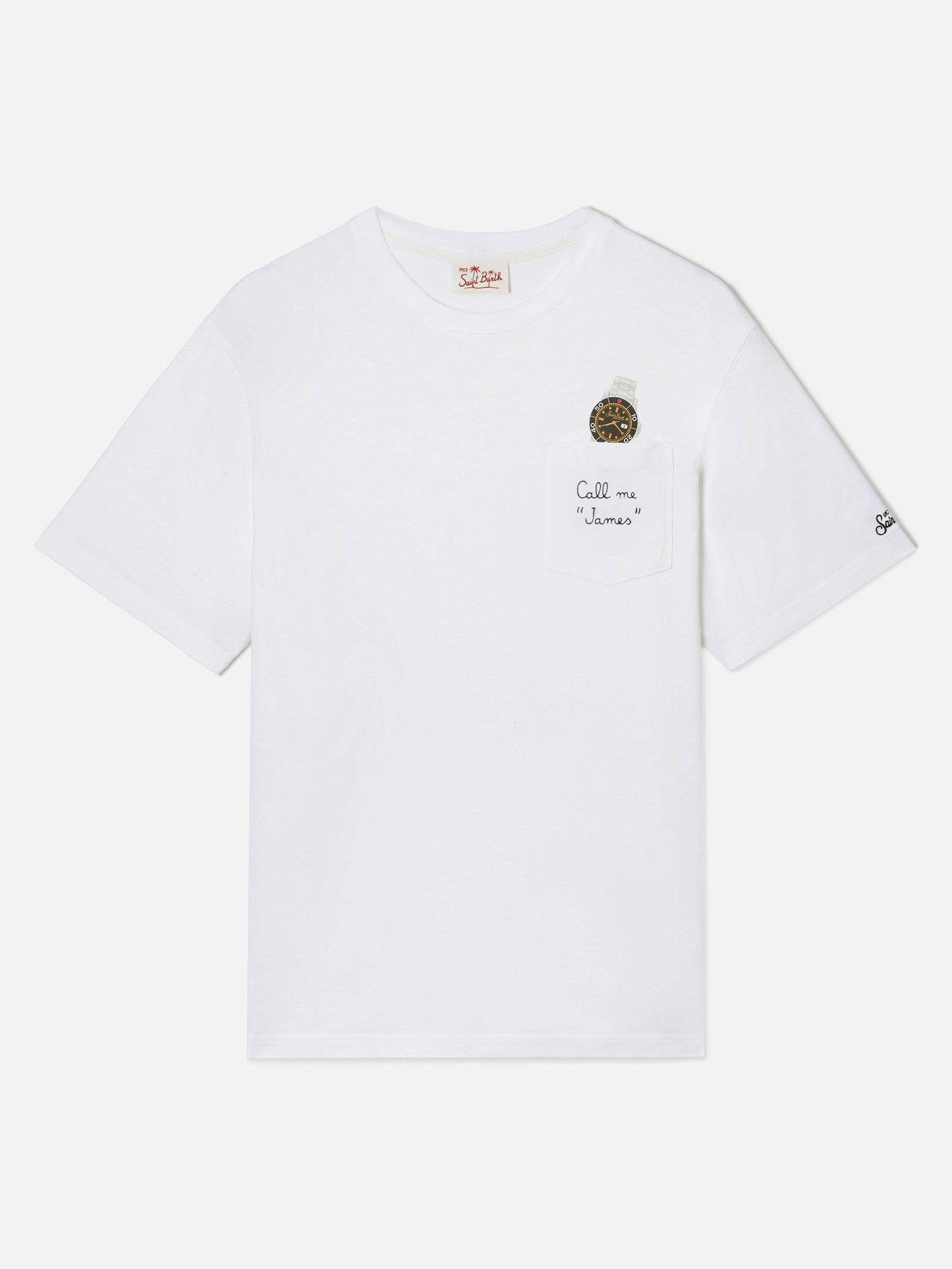 White Austin t-shirt with watch and Call Me James embroidery