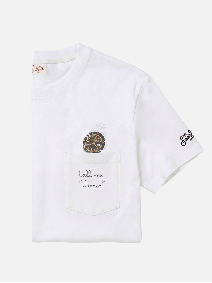 T-shirt Austin blanc avec broderie montre et Call Me James 
