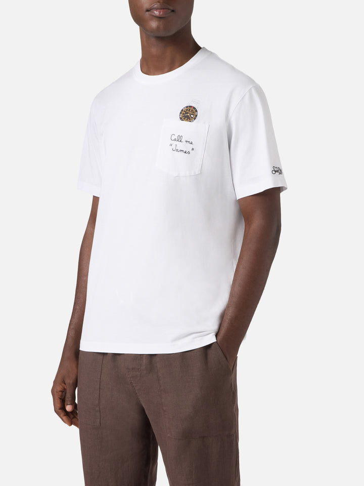 White Austin t-shirt with watch and Call Me James embroidery
