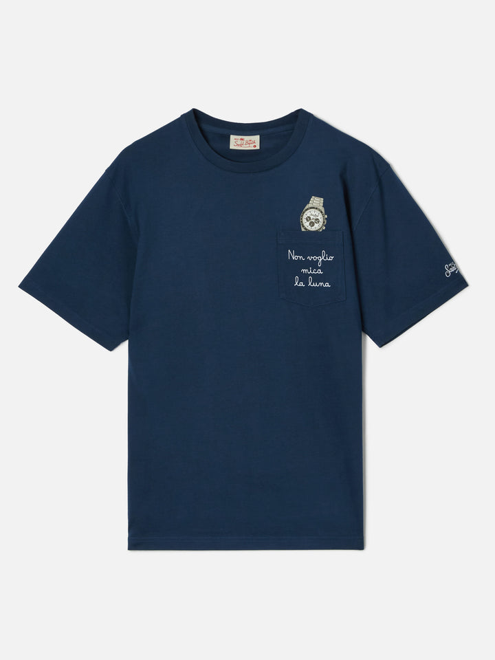 Blue Austin t-shirt with watch and Non Voglio Mica La Luna embroidery