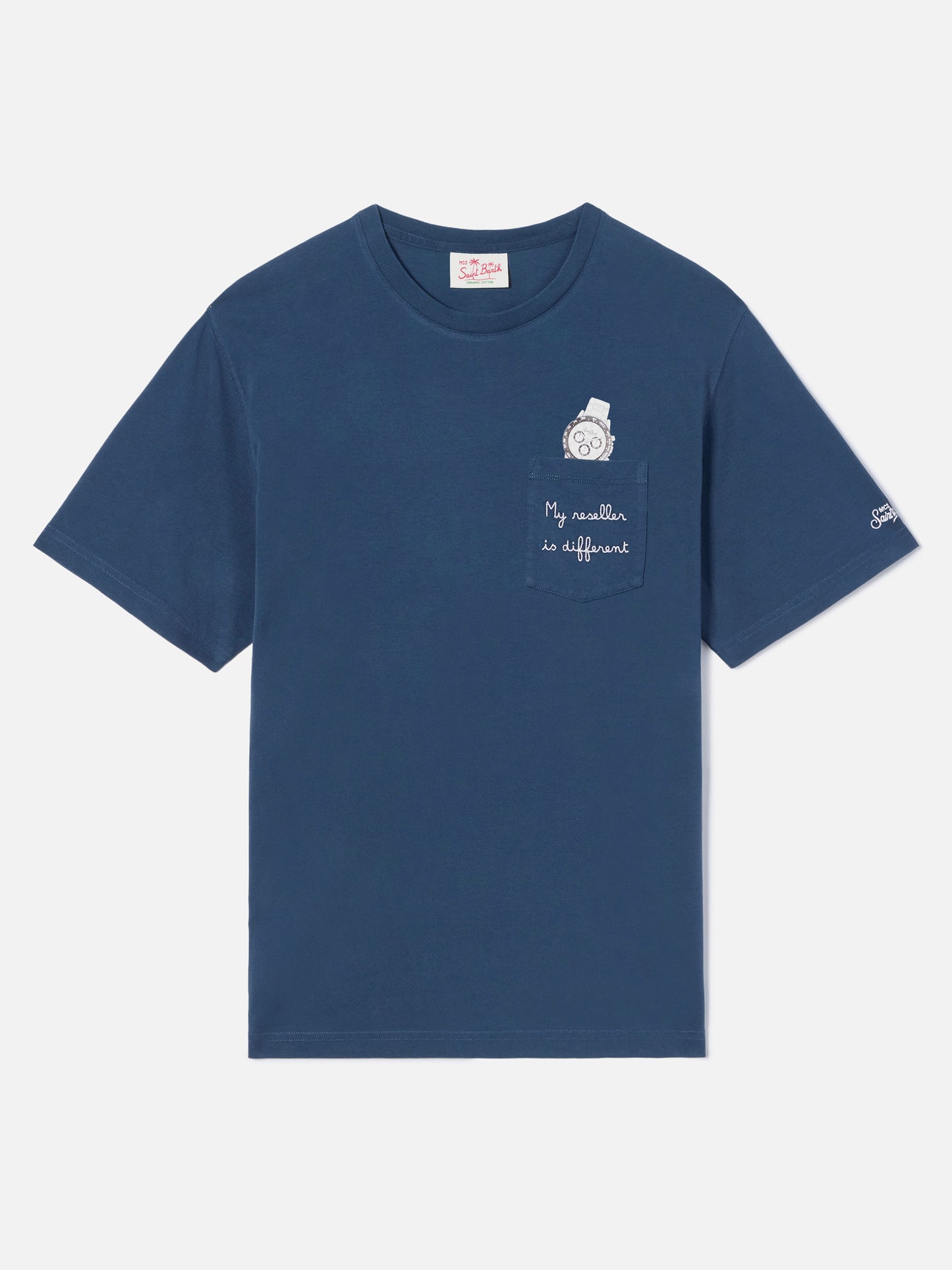 Blue Austin t-shirt with watch and My Reseller Is Different embroidery