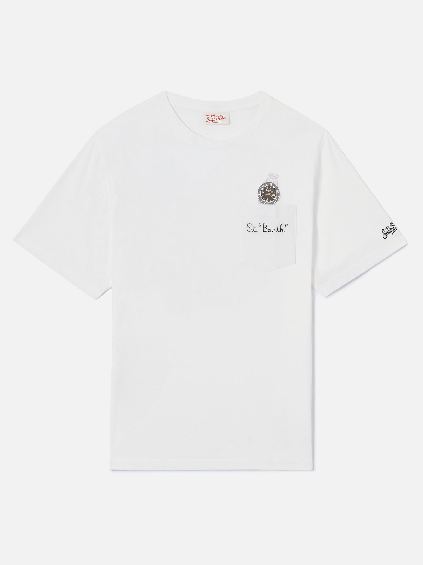 White Austin t-shirt with watch and St. Bart embroidery