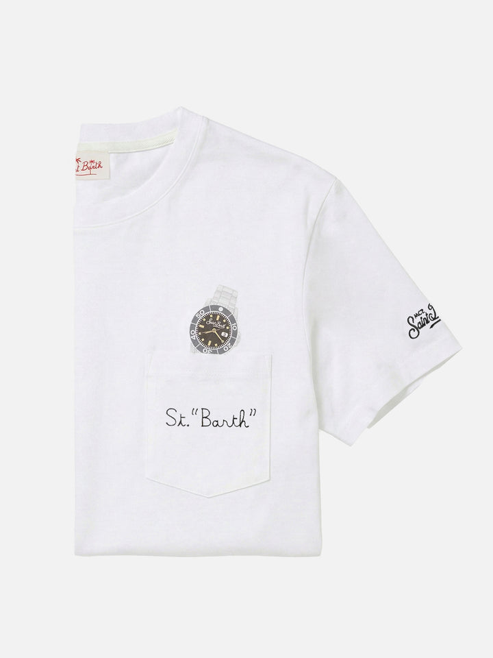 Weißes Austin T-Shirt mit Uhr und St. Bart Stickerei 
