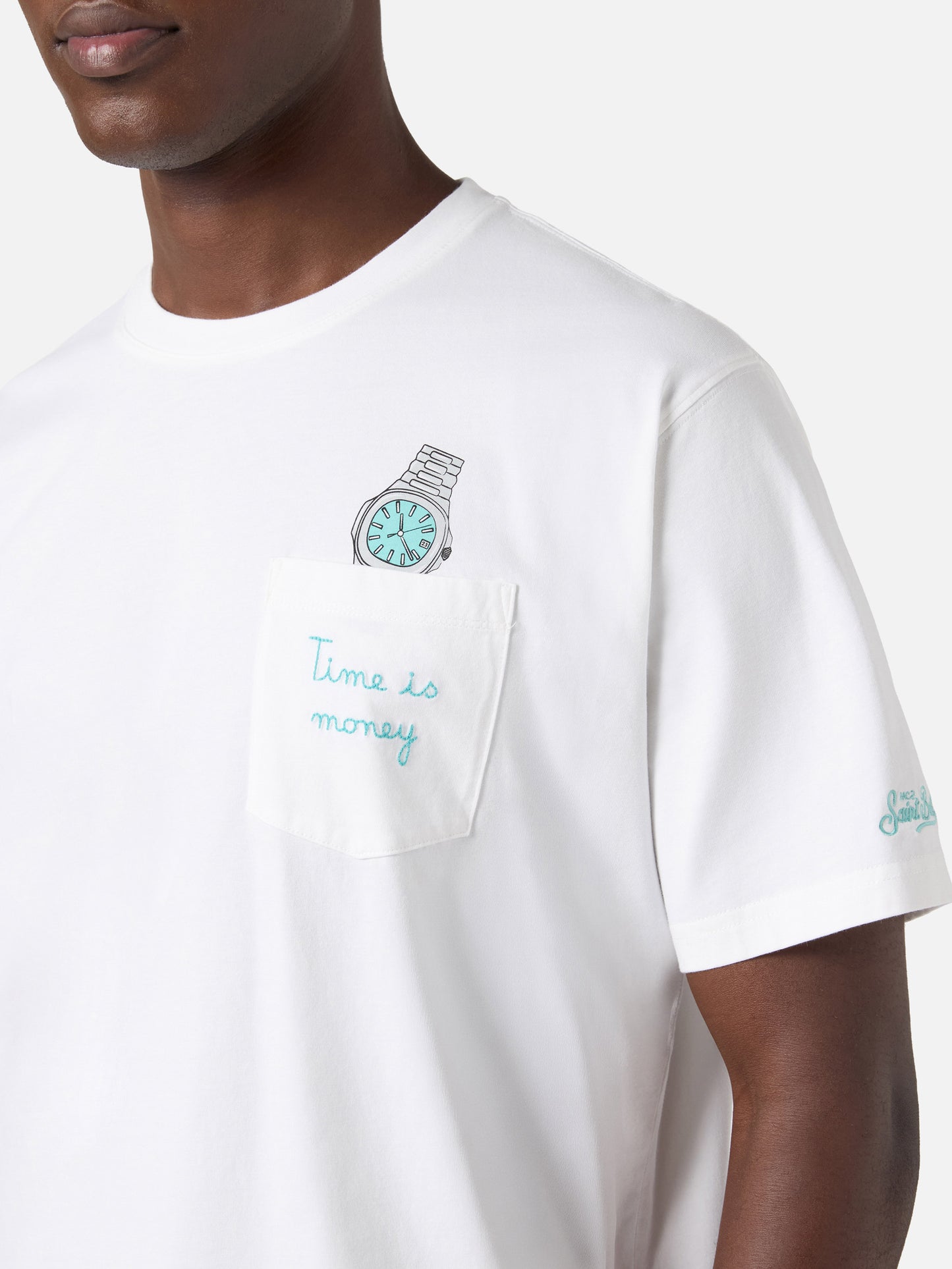 White Austin t-shirt with watch and Time Is Money embroidery