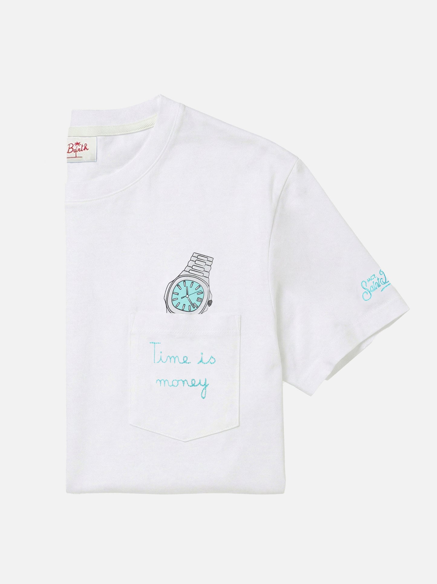 Weißes Austin T-Shirt mit Uhr und „Time Is Money“-Stickerei 