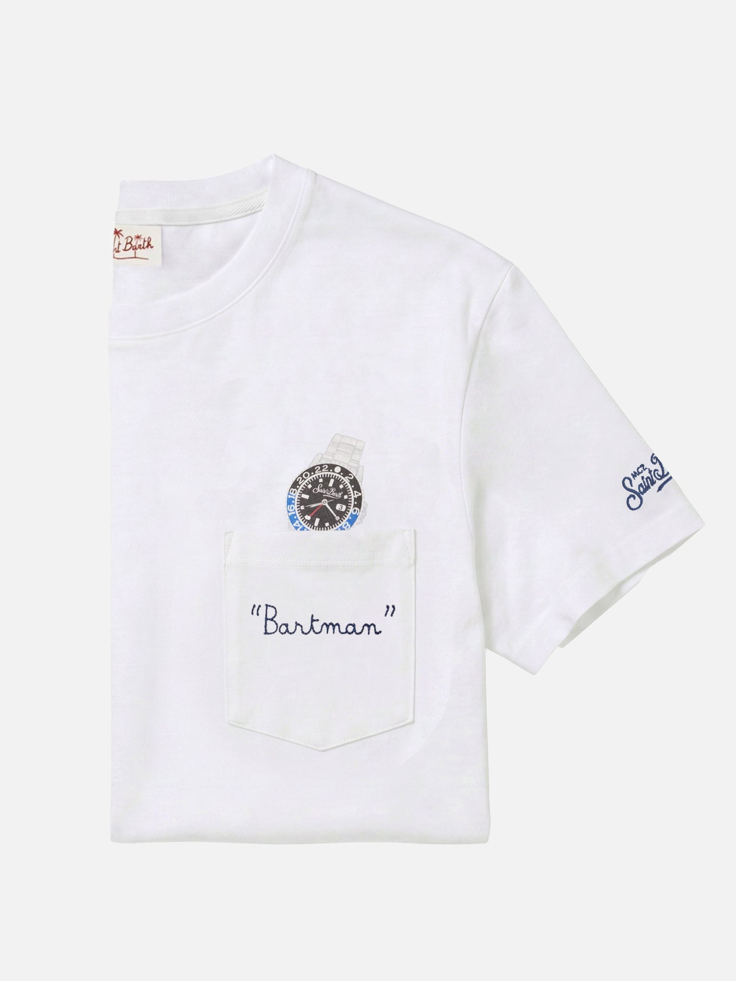 White Austin t-shirt with watch and Bartman embroidery