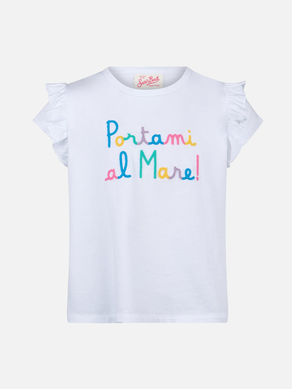 T-shirt da bambina in cotone con balza e ricamo