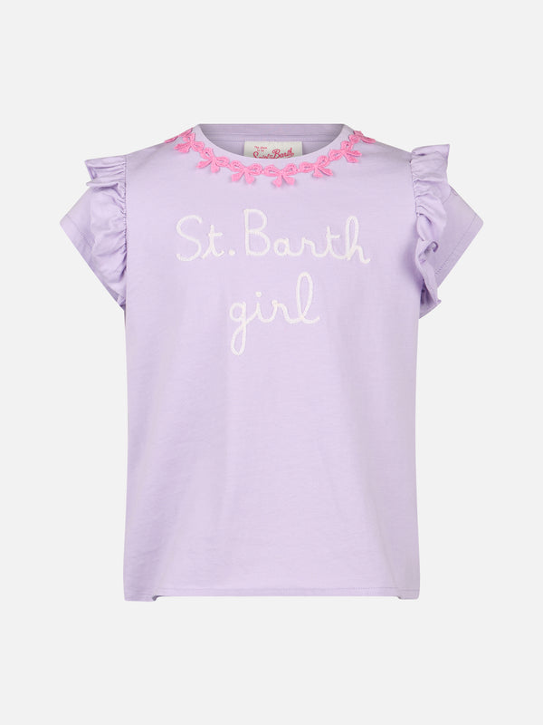 T-shirt da bambina in cotone con balza e ricamo