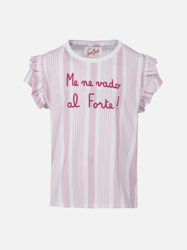 T-shirt da bambina in cotone con balza e ricamo