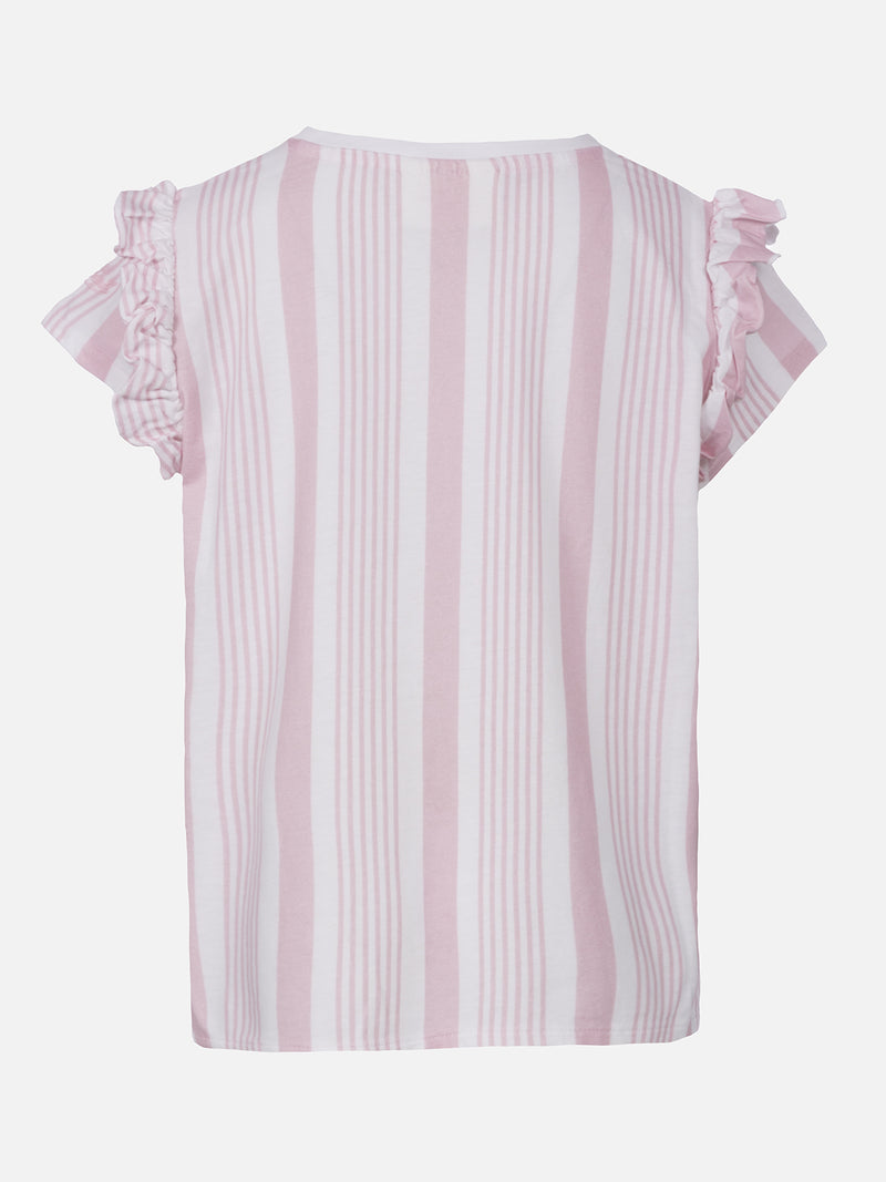 T-shirt da bambina in cotone con balza e ricamo