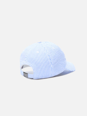 Baseball cap with visor in cotton seersucker with light blue and white stripes