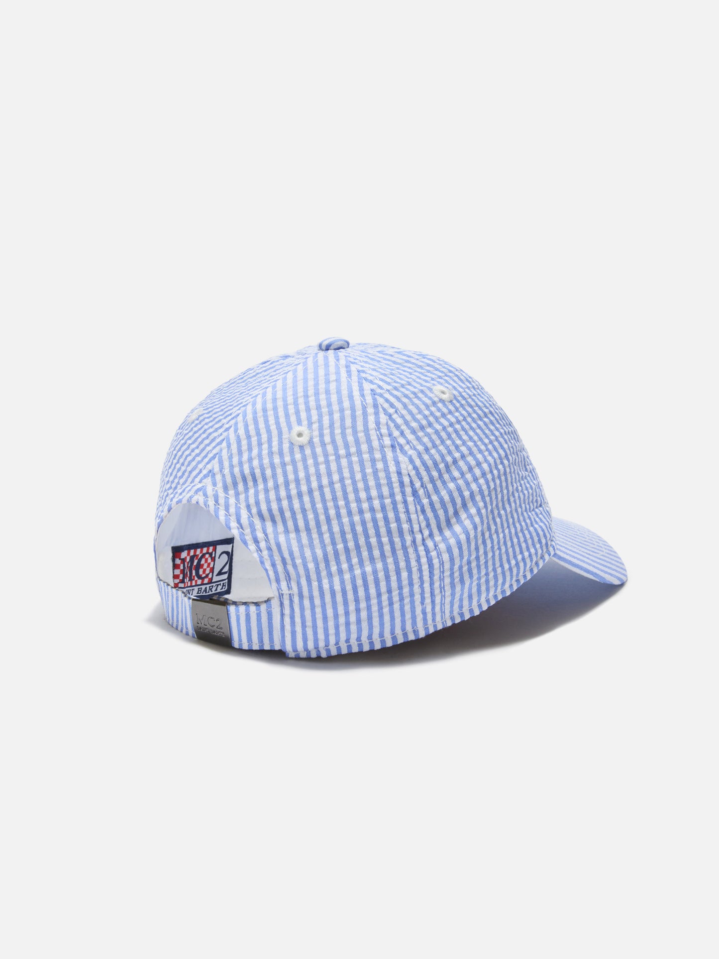 Cappellino Baseball con visiera in cotone seersucker a righe azzurre e bianche
