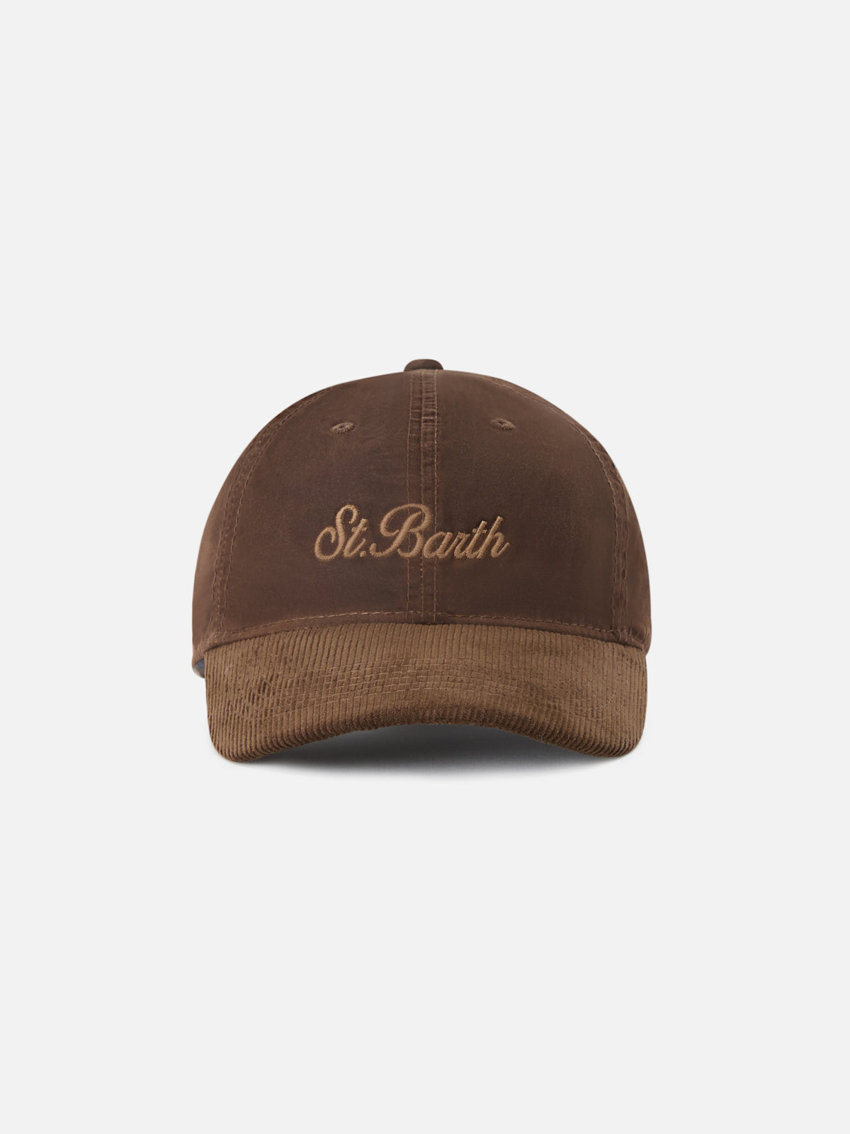 Braune Baseball Kappe aus gewachstem Cord mit Logostickerei 
