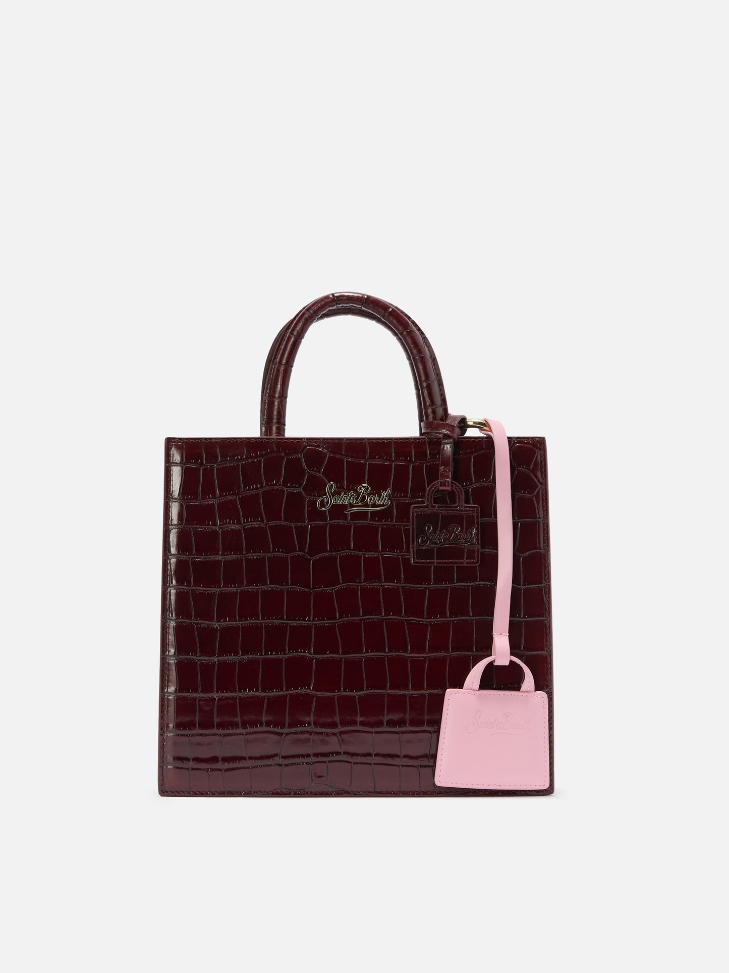 Light pink smooth leather bag charm with embossed logo