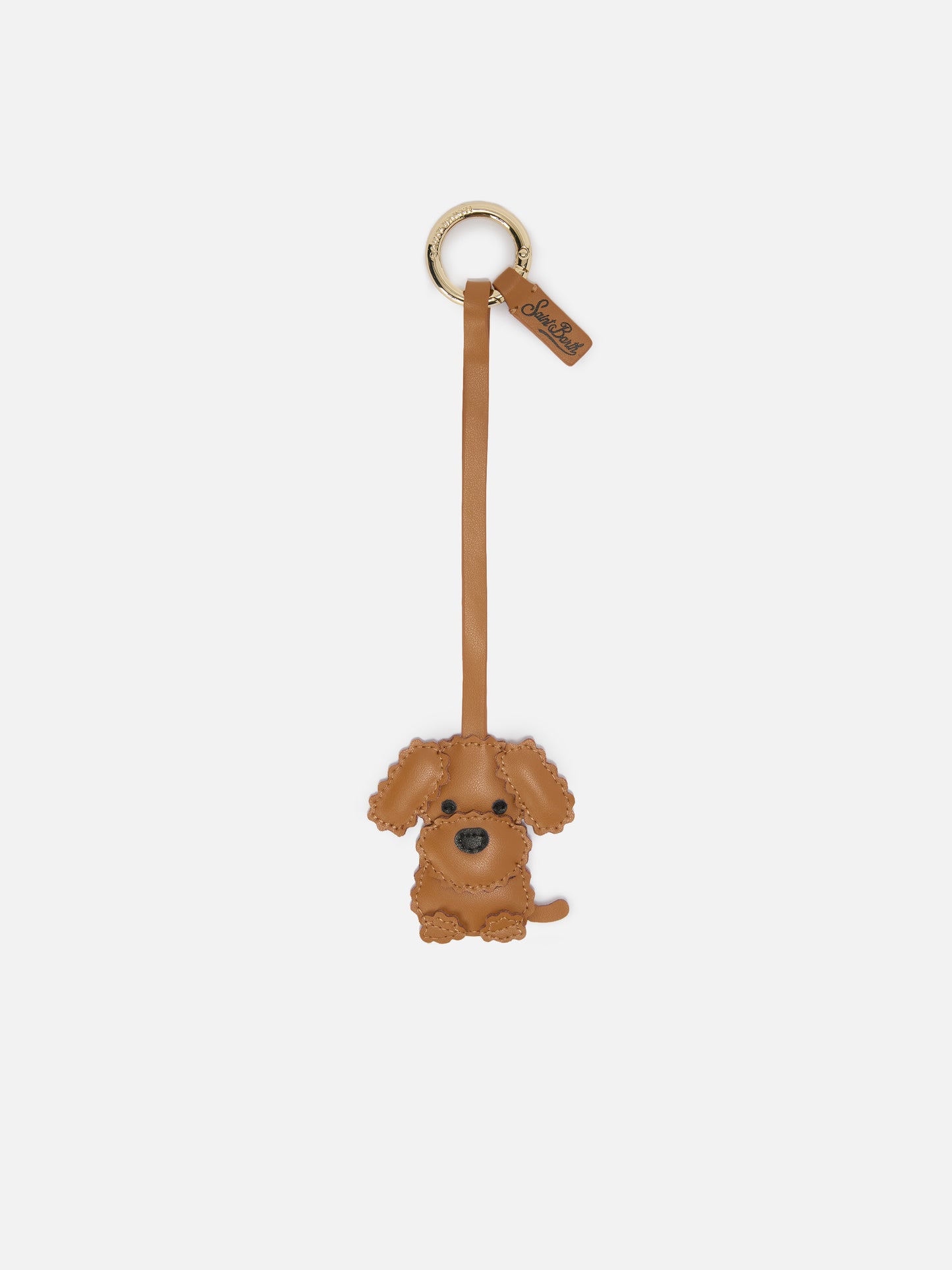 Dog-shaped smooth leather bag charm with logo tag