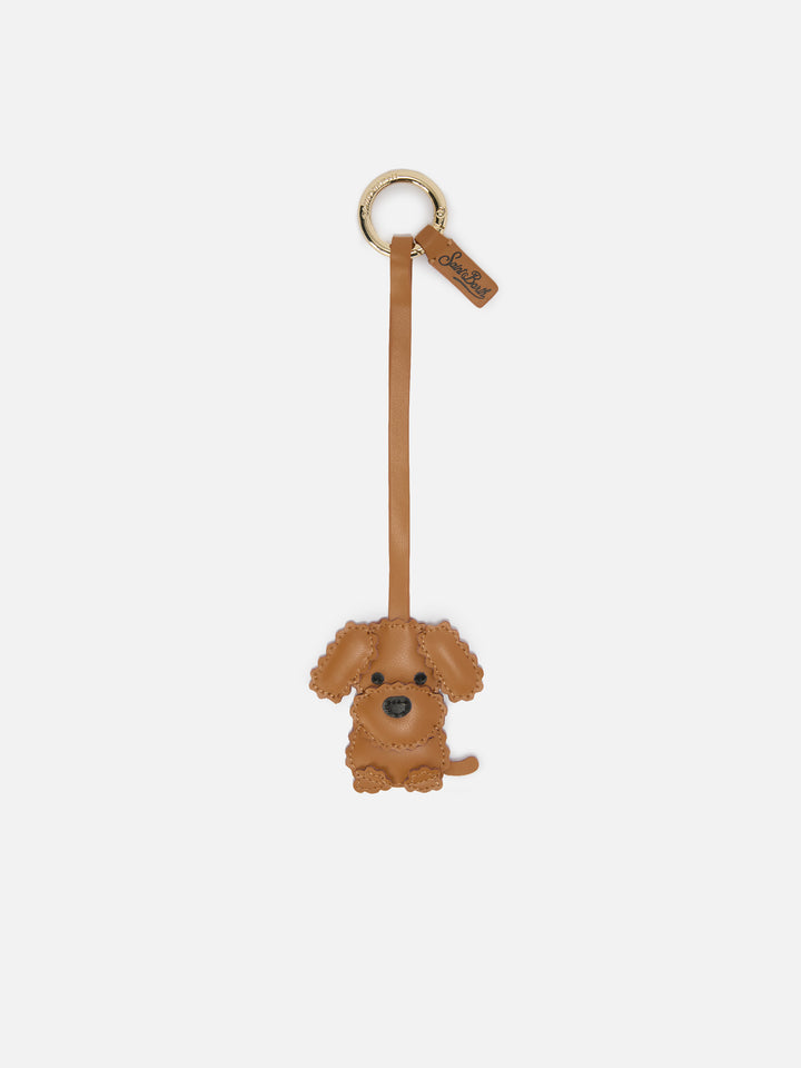 Dog-shaped smooth leather bag charm with logo tag