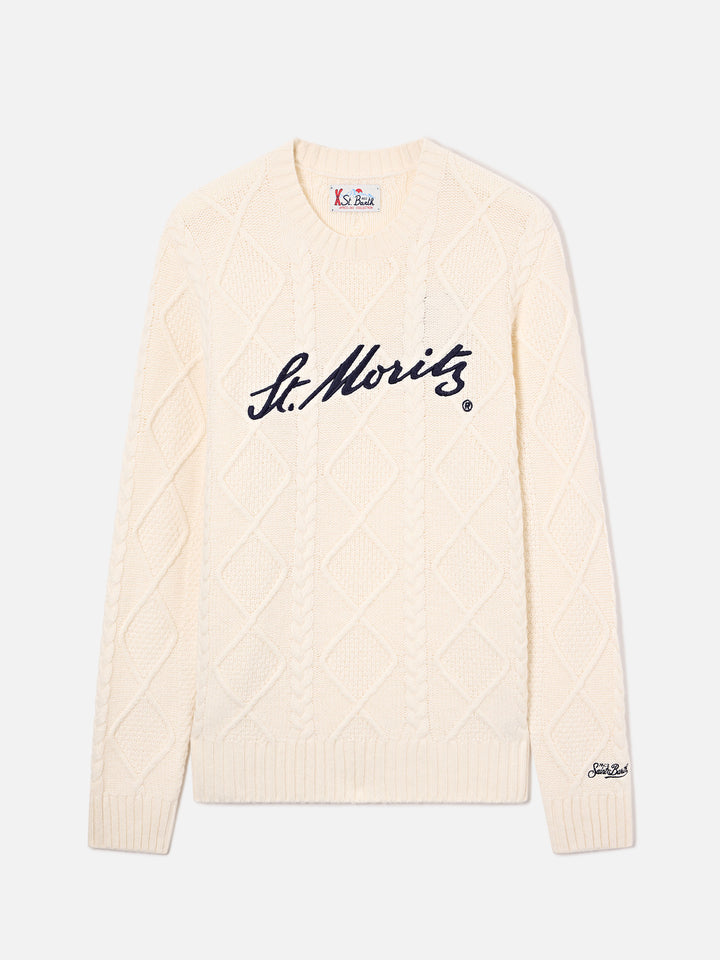 Maglia girocollo Bergen panna a trecce con ricamo St. Moritz | Special edition