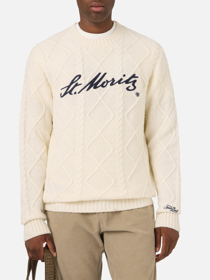 Cream Bergen cable knit crewneck with St. Moritz embroidery | Special edition